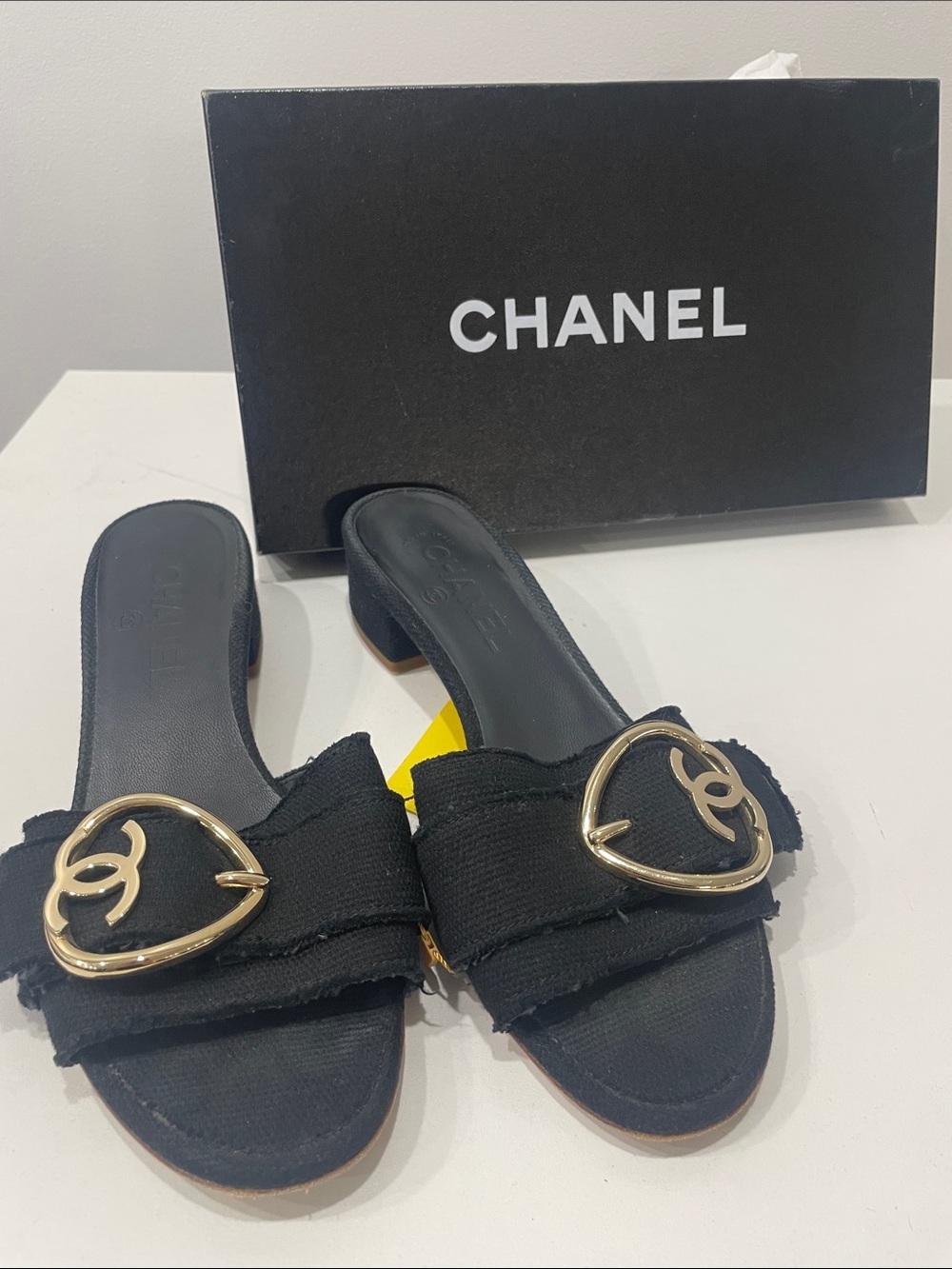 CHANEL Black Slide Mules with Gold CC Heart Buckles